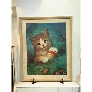 Vtg Framed Cat Print by Florence Kroger “Twinkle” 1960s Grey Cat Art Painting